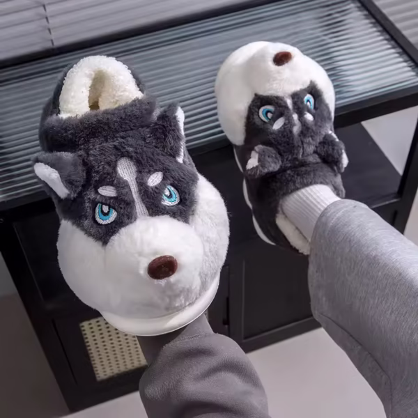 Men & Women Cartoon Dog Cotton Slippers | Warm Plush Indoor Shoes UK