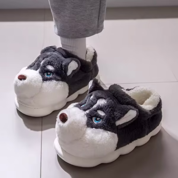 Men & Women Cartoon Dog Cotton Slippers | Warm Plush Indoor Shoes UK
