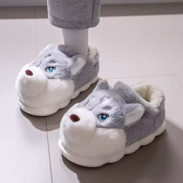 Men & Women Cartoon Dog Cotton Slippers | Warm Plush Indoor Shoes UK
